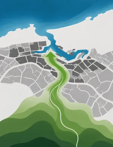 Illustration: the green of the hills runs through the city like a river, down to the sea.
