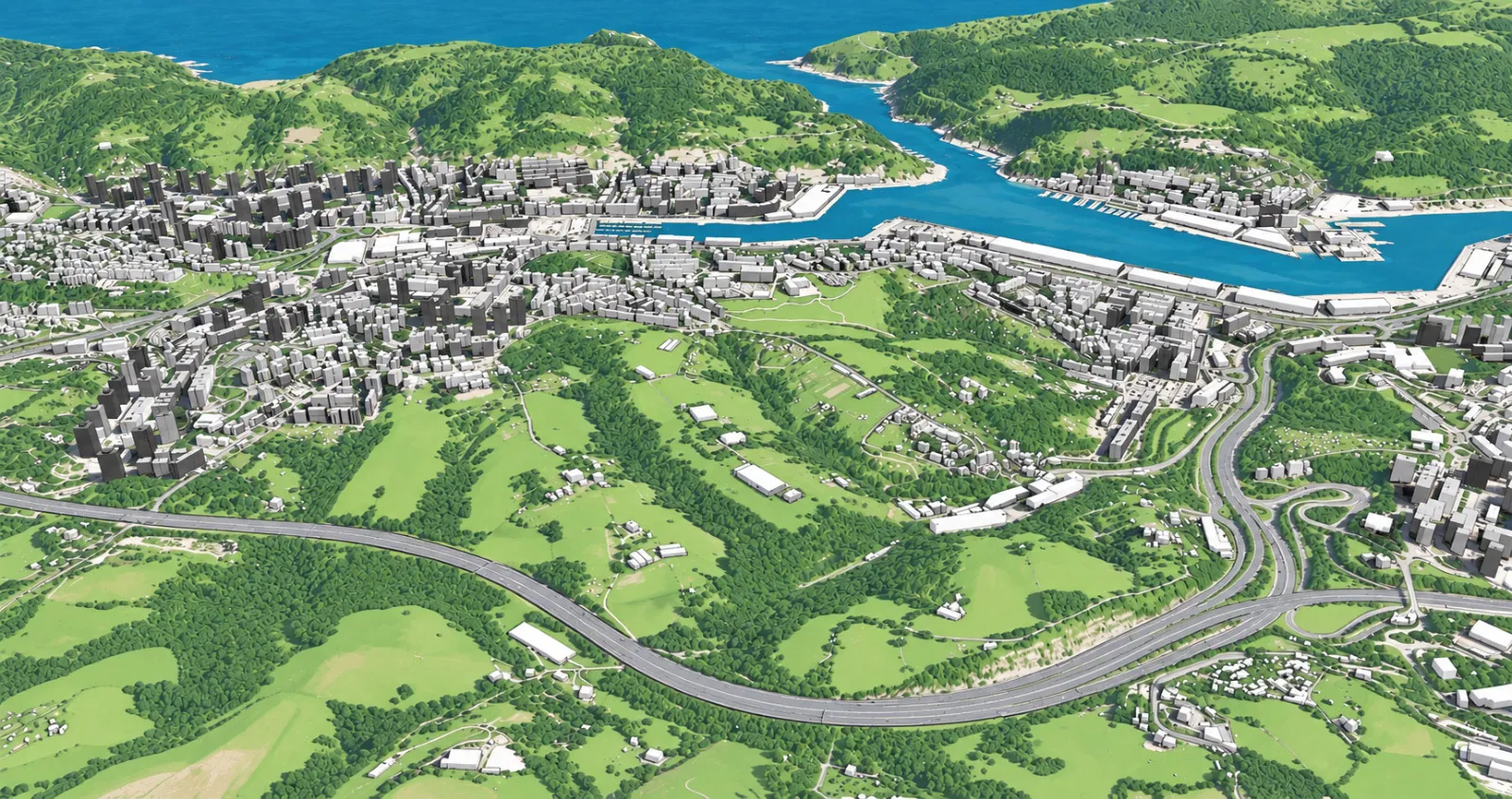 Eremuaren 3D eredua: belardiak eta basoak hiriaren eta autobidearen artean, atzean badia.
